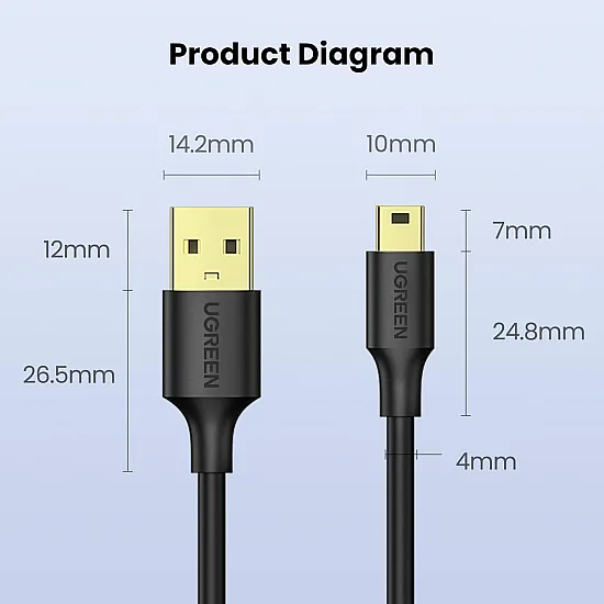UGREEN USB 2.0 A Male to Mini 5 Pin Male Cable 1m (Black)