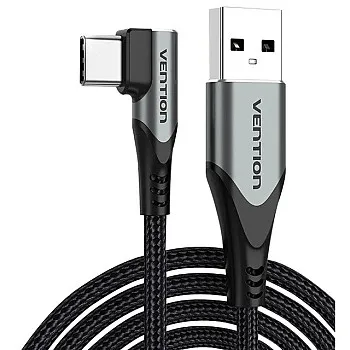 Vention Right Angle Type-C Male to USB 2.0-A Male Nickel Plated Braided 3A Fast Charging Cable with 480Mbps Transfer Speed for Smartphones 