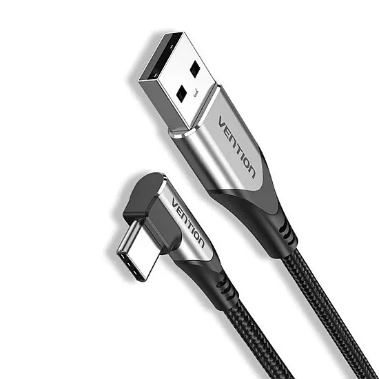 Vention Right Angle Type-C Male to USB 2.0-A Male Nickel Plated Braided 3A Fast Charging Cable with 480Mbps Transfer Speed for Smartphones