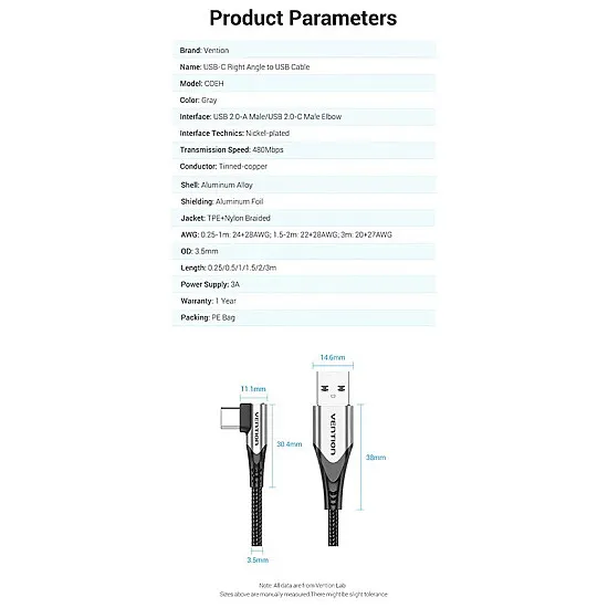 Vention Right Angle Type-C Male to USB 2.0-A Male Nickel Plated Braided 3A Fast Charging Cable with 480Mbps Transfer Speed for Smartphones