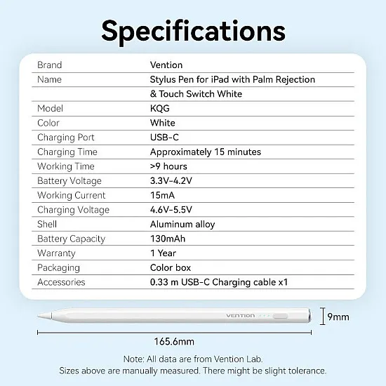 Vention Stylus Pen for iPad with Palm Rejection & Touch Switch White